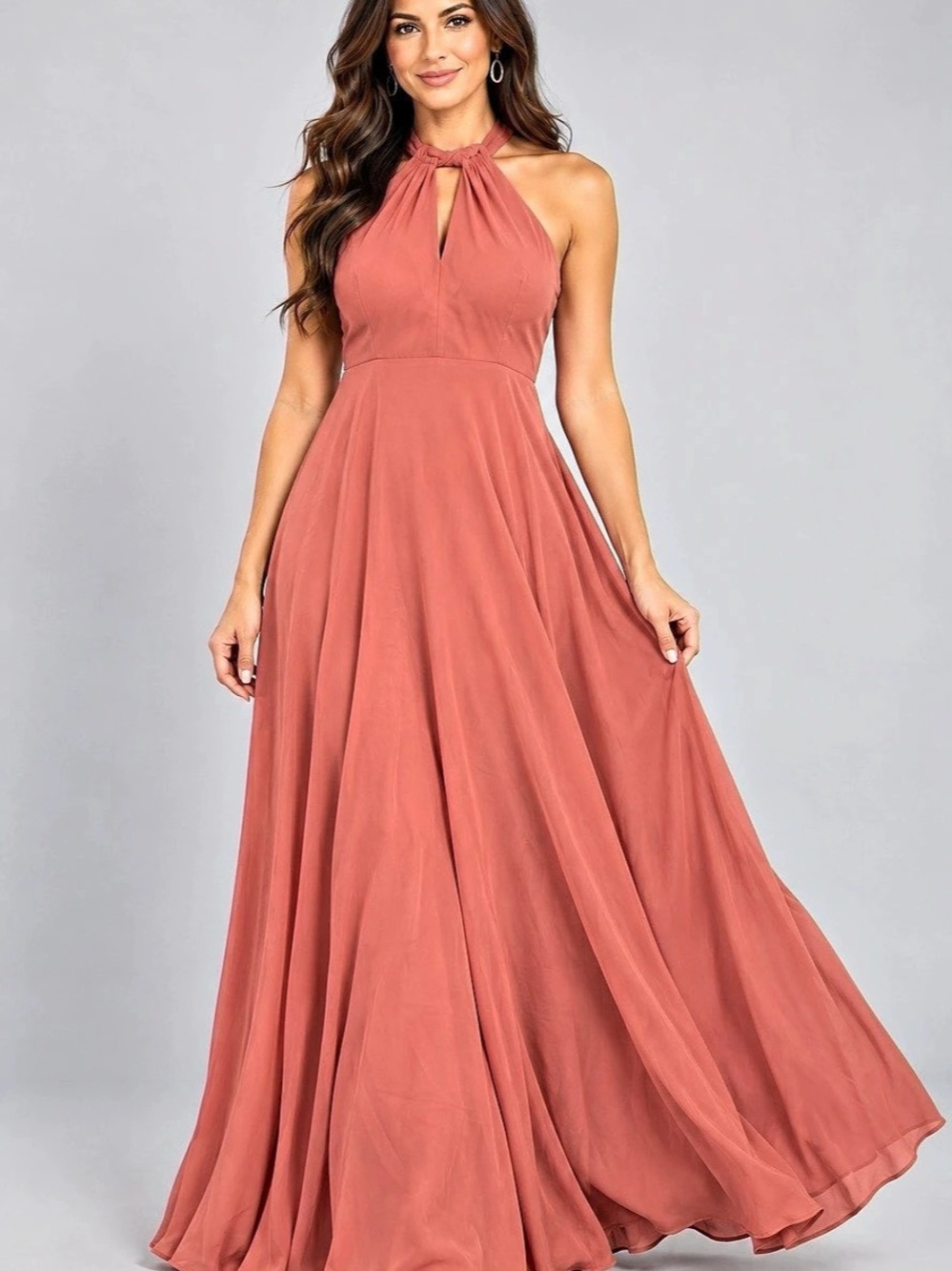 Morilee by Madeline Gardner Dusty Rose Halter Chiffon Formal Maxi Gown Size 16